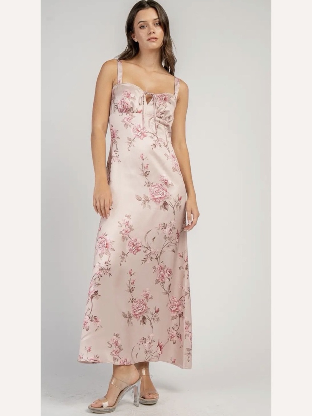 Pink Floral Satin Slip Dress with Tie Front